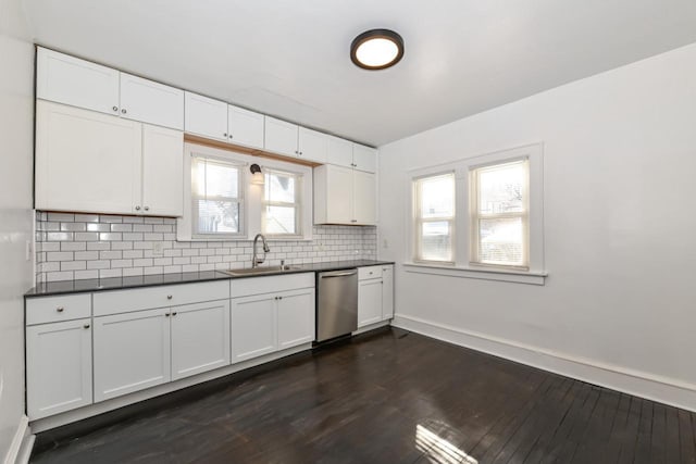 kitchen with dishwasher, backsplash, dark hardwood / wood-style flooring, sink, and white cabinetry