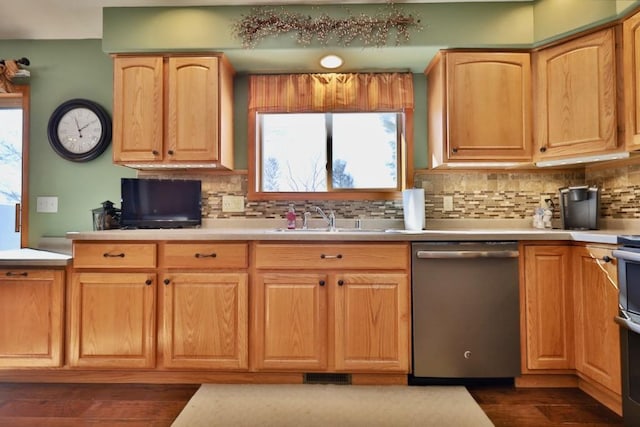 kitchen with sink, stainless steel dishwasher, dark hardwood / wood-style floors, and decorative backsplash