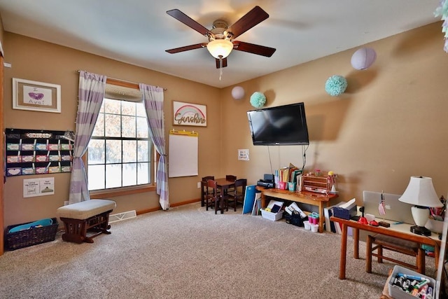 game room featuring ceiling fan and carpet flooring