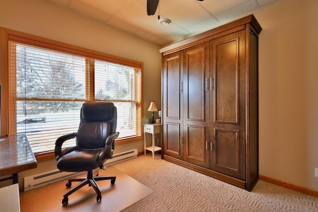 office area with light carpet and ceiling fan