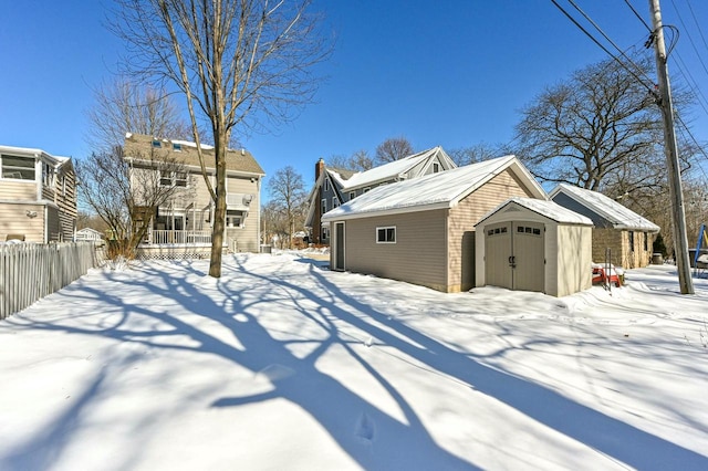 exterior space featuring a storage shed