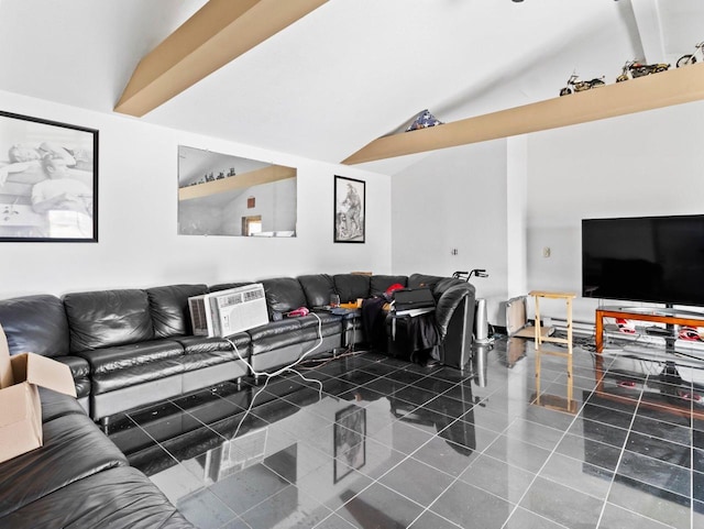 living room with tile patterned floors and lofted ceiling