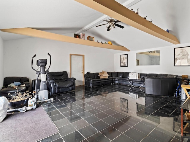 tiled living room featuring ceiling fan and lofted ceiling with beams