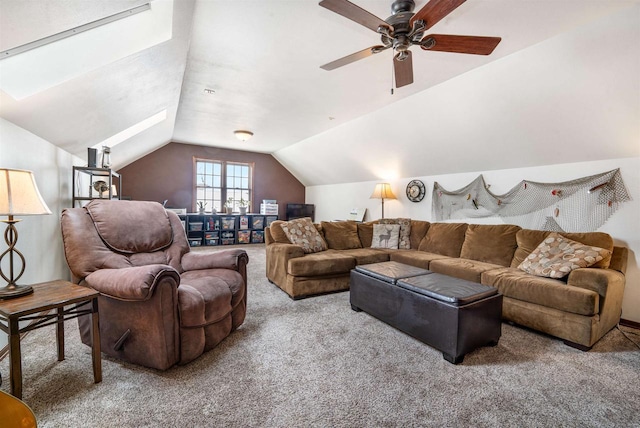 carpeted living room with vaulted ceiling and ceiling fan