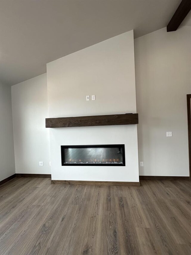 room details with baseboards, wood finished floors, and a glass covered fireplace