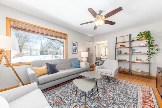 living room featuring ceiling fan and wood-type flooring