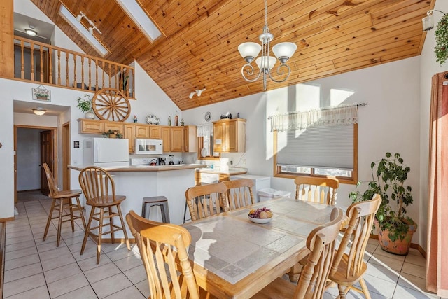 dining room with a notable chandelier, light tile patterned floors, a skylight, and wooden ceiling