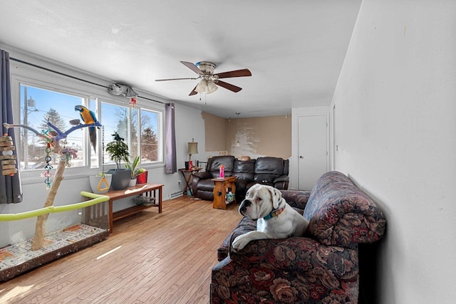 living room featuring ceiling fan and light hardwood / wood-style floors