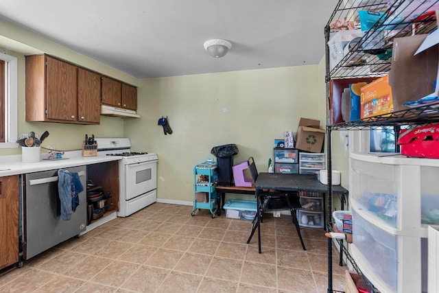 kitchen with light tile patterned floors, dishwasher, and white range with gas stovetop