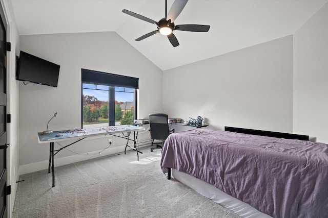 carpeted bedroom with lofted ceiling and ceiling fan