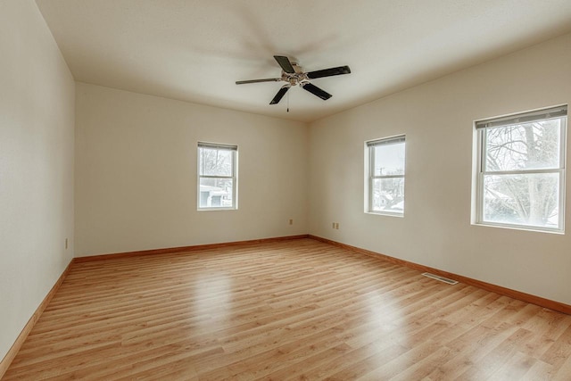 unfurnished room with baseboards, visible vents, ceiling fan, and light wood finished floors