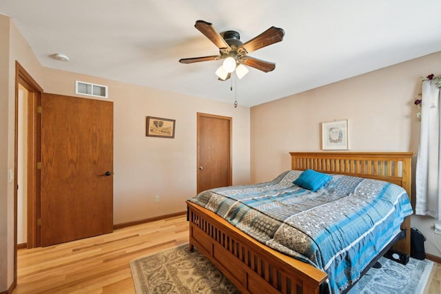 bedroom featuring ceiling fan, light wood-type flooring, and a closet