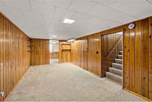 basement with wooden walls and carpet flooring