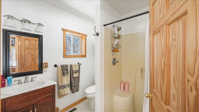 full bathroom with vanity, toilet, a shower stall, and visible vents