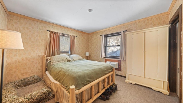 bedroom featuring wallpapered walls, crown molding, light colored carpet, and a wall mounted air conditioner