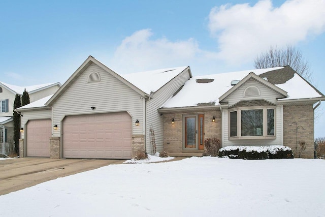 ranch-style home with driveway, brick siding, and an attached garage