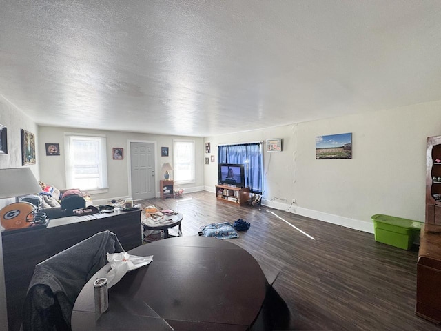 living area featuring a textured ceiling, baseboards, and wood finished floors