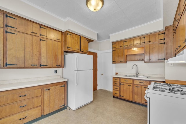 kitchen with ornamental molding, sink, and white appliances