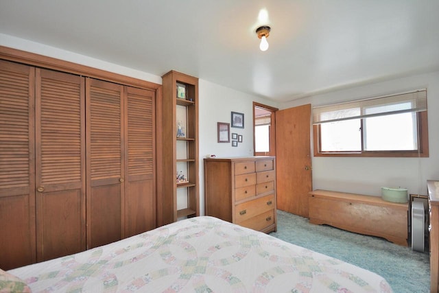 bedroom with a closet and light carpet