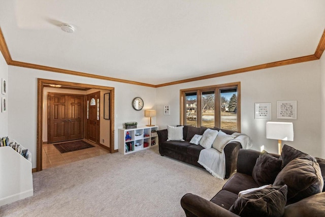 carpeted living room with crown molding