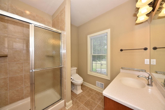 full bathroom with visible vents, toilet, a stall shower, vanity, and tile patterned floors