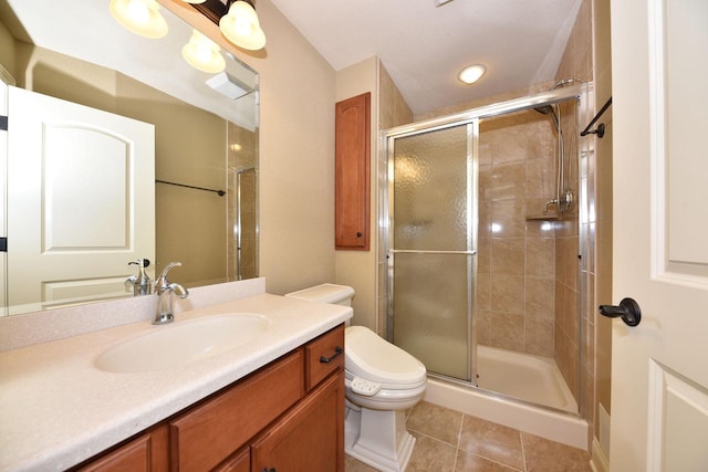 full bathroom featuring toilet, visible vents, vanity, a shower stall, and tile patterned floors