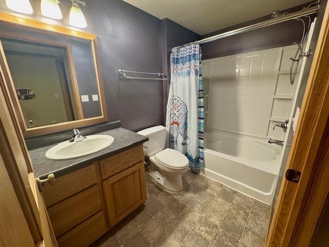 full bathroom with vanity, toilet, and shower / bathtub combination with curtain