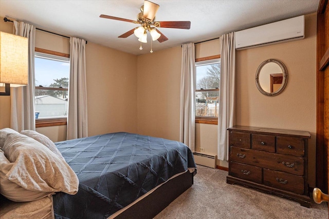 carpeted bedroom with an AC wall unit, ceiling fan, and a baseboard heating unit