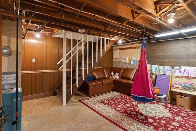 basement with wooden walls