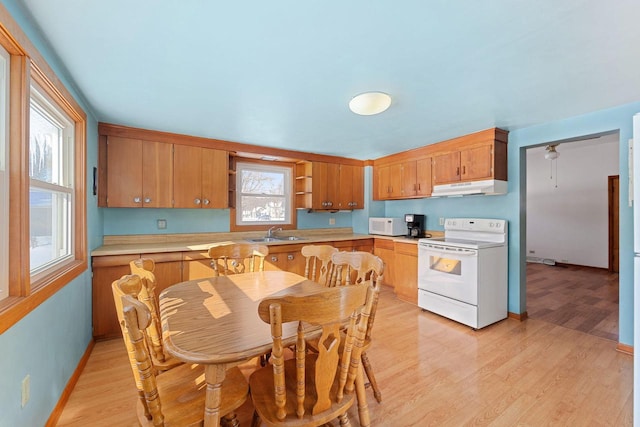 kitchen featuring white appliances, light wood-type flooring, and sink