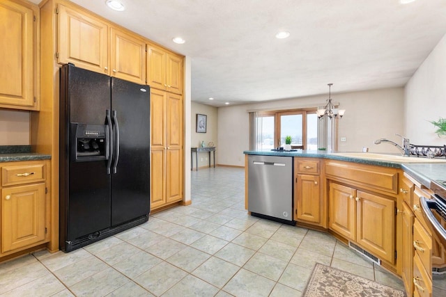 kitchen with stainless steel dishwasher, decorative light fixtures, black refrigerator with ice dispenser, light tile patterned floors, and sink