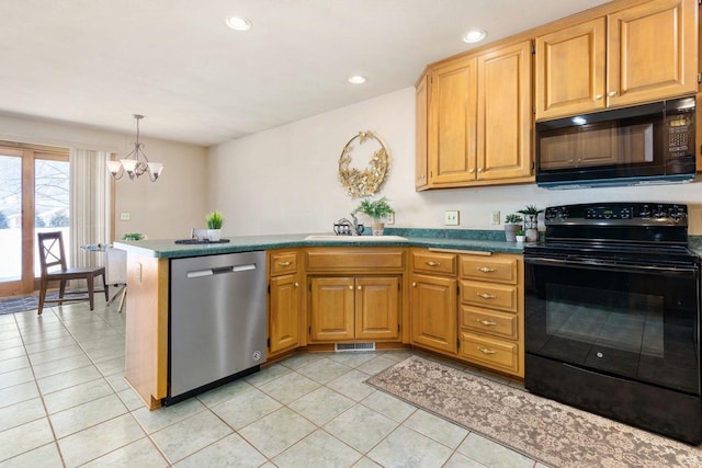 kitchen with black appliances, decorative light fixtures, a chandelier, light tile patterned floors, and sink