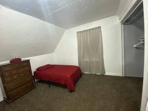 bedroom with dark carpet and vaulted ceiling