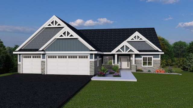 craftsman inspired home with a garage and a front yard