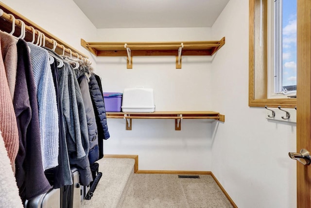 spacious closet featuring light colored carpet and visible vents