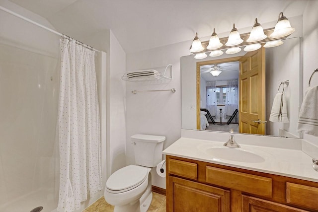 full bath featuring connected bathroom, toilet, tile patterned flooring, vanity, and a shower stall