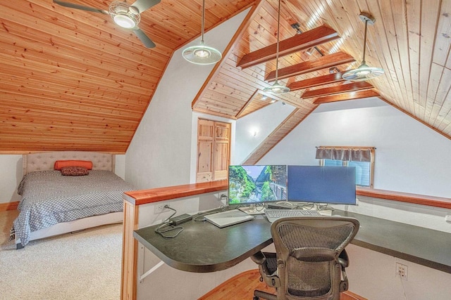 interior space with ceiling fan, vaulted ceiling with beams, and wooden ceiling