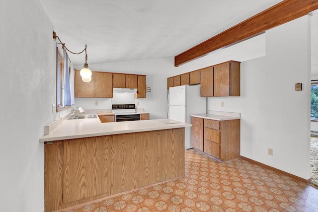 kitchen with kitchen peninsula, white refrigerator, sink, vaulted ceiling with beams, and range with electric cooktop