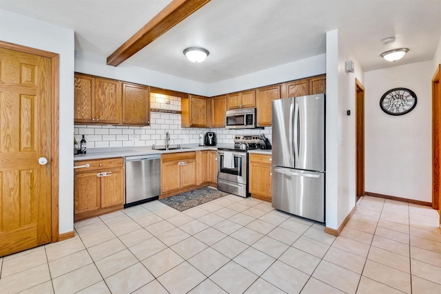 kitchen with decorative backsplash, stainless steel appliances, beam ceiling, and sink