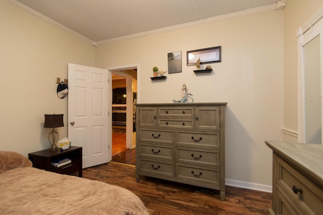 bedroom with dark hardwood / wood-style flooring and ornamental molding