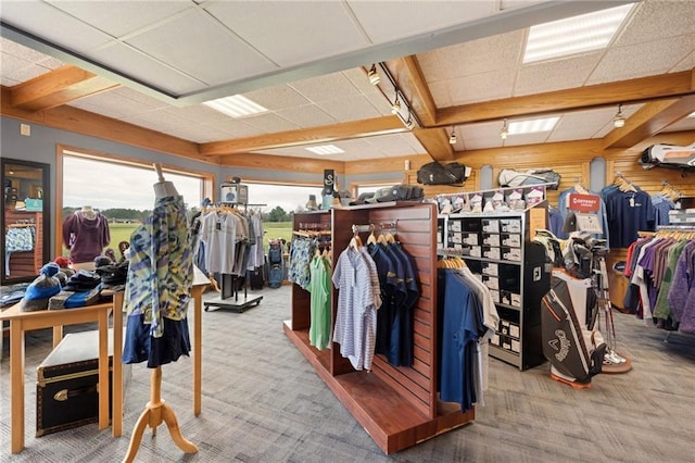 interior space with a drop ceiling, carpet floors, and beam ceiling