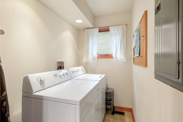 W5553 Oak Park Rd, Elkhorn, WI 53121 - clothes washing area featuring washing machine and dryer and light tile patterned floors