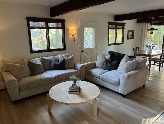 living room with beam ceiling and wood-type flooring