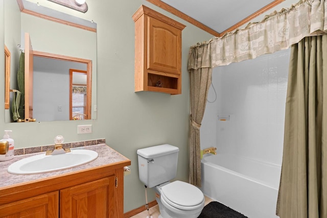 full bathroom featuring shower / bathtub combination with curtain, vanity, and toilet