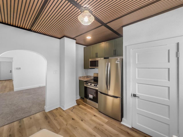 kitchen with green cabinetry, appliances with stainless steel finishes, wooden ceiling, and light wood-type flooring