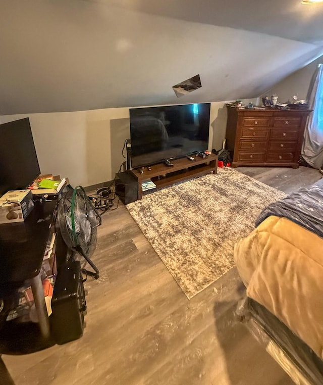 bedroom featuring light wood-type flooring and vaulted ceiling