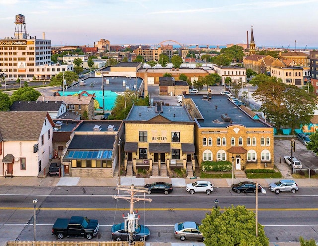 view of aerial view at dusk