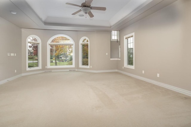 spare room with light colored carpet, a raised ceiling, ceiling fan, and baseboards