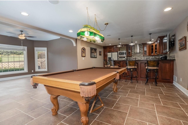 playroom with recessed lighting, dark tile patterned floors, billiards, indoor bar, and baseboards