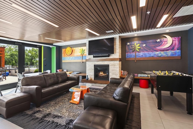 interior space featuring wooden ceiling, a fireplace, and tile patterned flooring